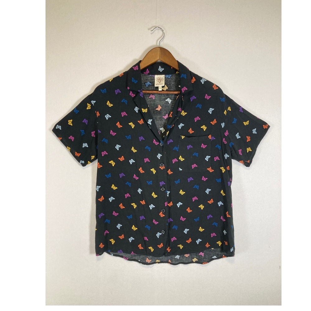 Whimsical Self Esteem Women Large Black Butterfly Print Rayon Short Sleeve Shirt